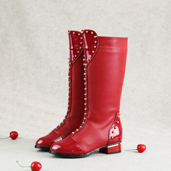 新款童靴保暖防水女童长靴公主靴铆钉骑士靴 红色 27