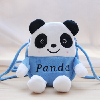 卡通动漫毛绒斜挎手机包 女生可爱小号斜挎双拉包毛绒零钱袋 蓝色熊猫