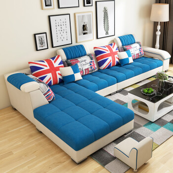 简约现代布沙发大小户型可拆洗l型整装沙发 米蓝 蓝色 大三件套 茶几