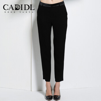 CADIDL卡迪黛尔2015秋季新品直筒休闲长裤女皮革拼接修身显瘦裤子 黑色 S