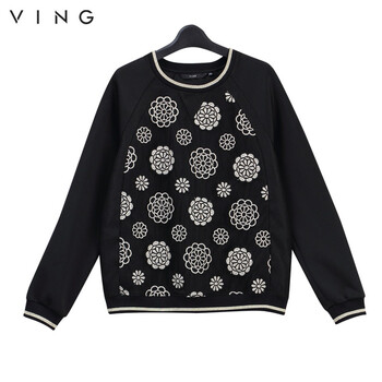 
                                        VING春秋高端女装刺绣网面拼接套头时尚棒球服卫衣女 黑色 XL                