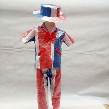 环保编织蛇皮袋手工幼儿园子时装走秀男女演出服装儿童舞台表演 男