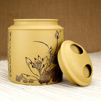 
                                        指间陶艺--精品宜兴紫砂茶叶罐 大号普洱罐全手工醒茶罐储茶罐 牛盖荷花茶叶罐--段泥                