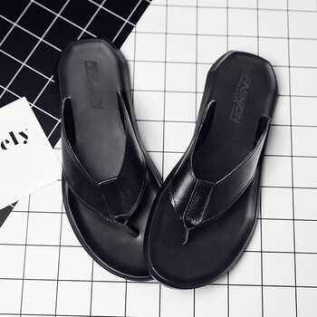 拖鞋男夏季休闲凉鞋真皮人字拖平跟防滑柔软舒适休闲夹脚沙滩鞋 黑色