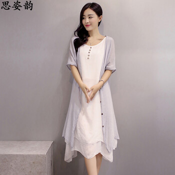 思姿韵2015秋装女装文艺复古两件套气质休闲亚中袖连衣裙 蓝灰色 L