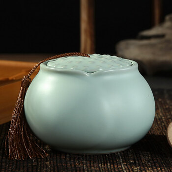 
                                        雅至工坊 茶叶罐 汝窑哥窑茶叶罐大号密封储物罐普洱茶叶茶罐茶叶罐 陶瓷荷花茶罐 款02汝窑年年有余                