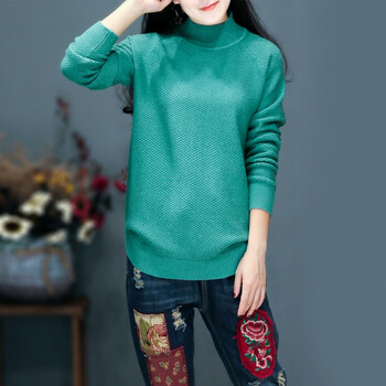 新款女装半高领毛衣宽松套头纯色内搭长袖打底针织衫百搭上衣 青色