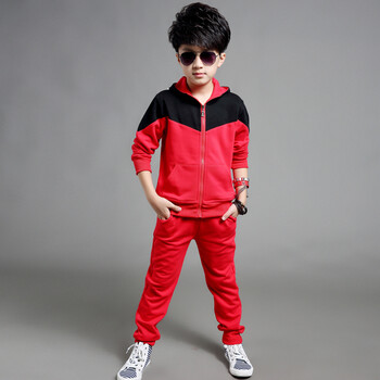 儿童衣服男童带帽连帽运动 秋款童套装mf104 红色 120