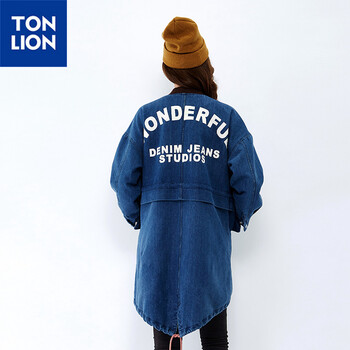 唐狮（TonLion）女宽松版前后印绣花罗纹领牛仔风衣外套 615321054402 中牛仔蓝 M