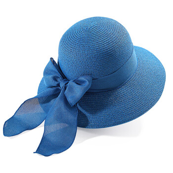帽子防晒草帽女夏天季韩版可折叠度假休闲沙滩大檐帽太阳凉帽 蓝色