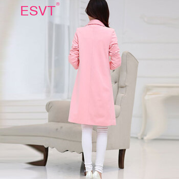 ESVT 韩版2015秋季新款修身显瘦翻领长袖中长款纯色风衣 女 粉红色 XL