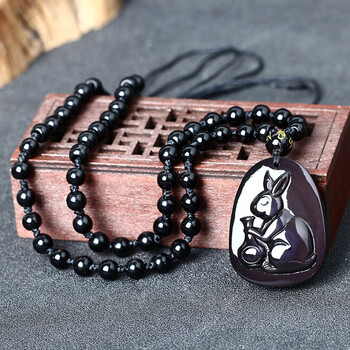 增庆堂玉兔抱瓶属狗2018本命年吉祥物吊坠彩虹眼黑曜石 款3配珠链