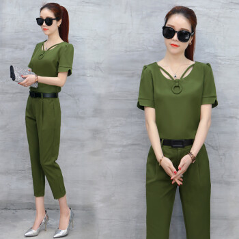 套装女2018夏季新款韩版时尚气质衣服小香风短袖七分裤两件套 绿色 xl