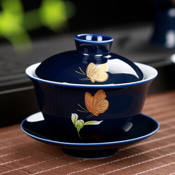 陶瓷手绘盖碗霁蓝镶金三才茶碗功夫茶具手工茶海家用茶杯单品茗杯