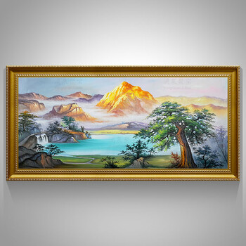 手绘油画新中式客厅装饰画聚宝盆山水油画办公室书房背景墙挂画风景画