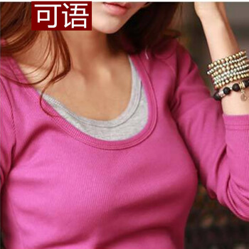 可语 2015秋季修身圆领纯棉打底衫假两件上衣长袖女T恤潮 6601 玫红 XL偏小一码