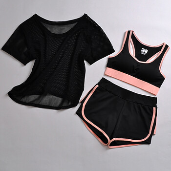 运动套装女夏瑜伽服网孔罩衫背心短裤三件套健身跑步运动文胸夏季 黑
