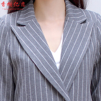 香榭亿恋2016春装新款西服女装条纹中长款长袖韩版修身西装外套女Y1576 灰色 L