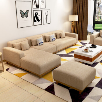 实木布艺沙发组合客厅大小户型转角贵妃三人简约现代棉麻沙发 卡其色