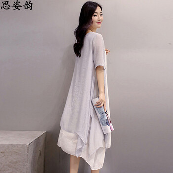 思姿韵2015秋装女装文艺复古两件套气质休闲亚中袖连衣裙 蓝灰色 L