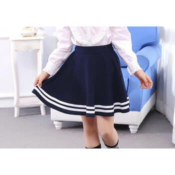 半身裙中小学生校服儿童百褶裙女孩夏白衬衣演出套装 蓝色白条裙子