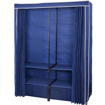 时光简易衣柜简约现代经济型单人组装衣橱布艺柜含四个抽屉 深蓝色