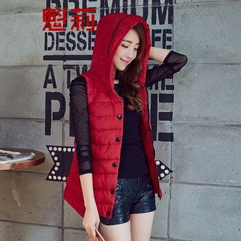 魁莉    2015新款韩版修身长款连帽羽绒棉服女马甲L888 黑色 M