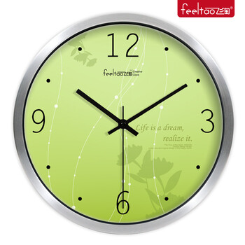 客厅儿童房艺术时钟 静音石英钟表绿色表盘圆形 金属银框 14英寸
