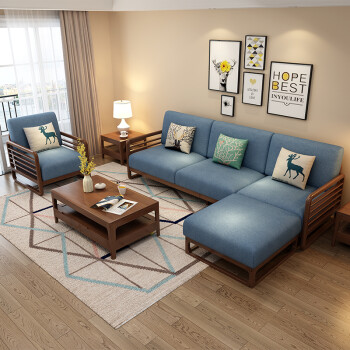 欧牧 实木沙发 北欧可拆洗布艺客厅实木沙发床现代简约转角沙发组合