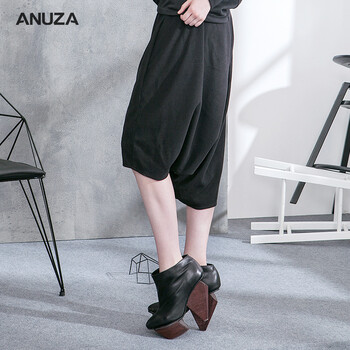 ANUZA2016秋冬新款女装不对称弹力裤头毛呢哈伦裤五分裤厚 黑色 M  适合155-168