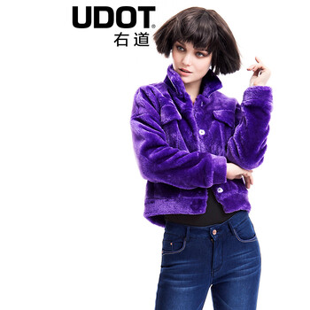 右道2015秋季新品 牛仔反毛短款机车加厚外套女 翻领外套UW5502 紫色 L