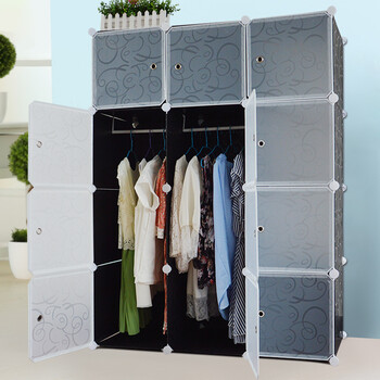 大衣柜塑料收纳柜组装 布艺衣橱储物柜子简易经济型 12格2挂大黑花