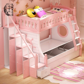滑梯床儿童床母子床女孩上下床公主双层床带护栏高低床 粉色双层床 高