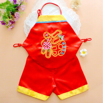 婴儿肚兜锦缎百岁周岁宝宝红肚兜护肚围吉祥中国红肚兜 红福套装 裤子