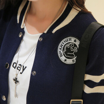 御品顿 棒球服 针织卫衣女 开衫2015秋装新款女装日韩学院风休闲条纹外搭披肩外套 女 蓝色 均码