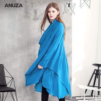 ANUZA2016秋冬新款原创设计师女装雪纺拼接羊毛针织长袖连衣裙 蓝色   M  宽松均码