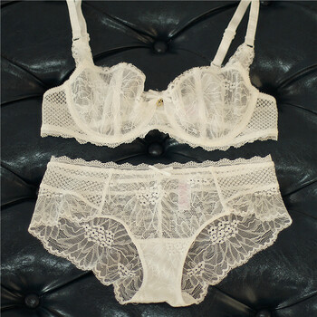欧美大胸显小胸性感蕾丝文胸聚拢套装夏季内衣内裤女透明诱惑 白色 32