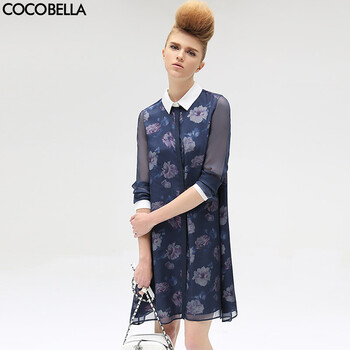 COCOBELLA 2015夏新款OL女装印花雪纺长袖OP连衣裙衬衫裙DS193 藏蓝 M