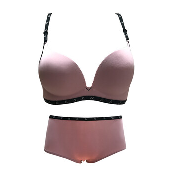 小胸字母边运动型中厚杯调整型侧收无痕内衣女套装 粉色套装 85b/38b