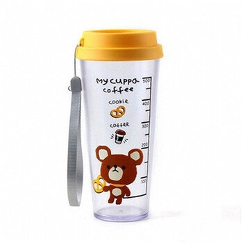 琅品 可爱熊宝塑料随手杯 带盖带提绳带刻度环保材质 学生水杯子 550ml 大号熊宝随手杯-粉色