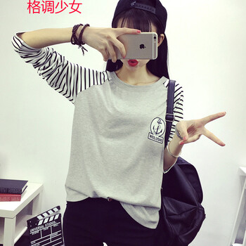 格调少女 中学生2016拼款秋季新款韩版长袖t恤圆领上衣纯棉条纹拼接女棉T恤女 7117灰色 L