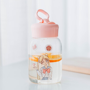 创意美少女卡通玻璃杯可爱女学生水杯大容量水瓶粉色杯子 蝴蝶结美
