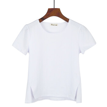 2018夏季新款短袖圆领前短后长纯棉半袖t恤女宽松短款打底衫 白色