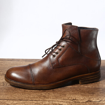 闽言欧美中筒日系复古复古做旧水洗擦色休闲高帮皮鞋 男士皮靴 咖啡色