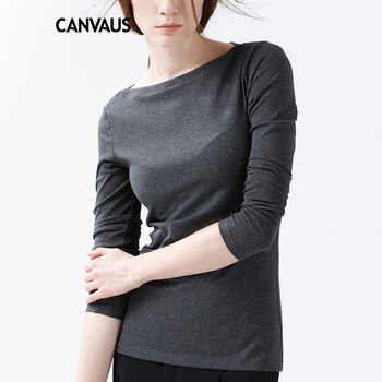 
                                        CANVAUS 棉纯色长袖T恤女一字领黑色春修身大码打底衫F132A 黑色 XXL                