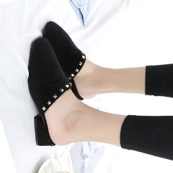 晋尚韩版时尚外穿拖鞋女秋冬季粗跟铆钉加绒包头方头毛毛女士半凉拖潮