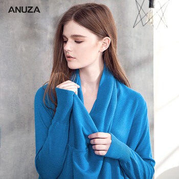 ANUZA2016秋冬新款原创设计师女装雪纺拼接羊毛针织长袖连衣裙 蓝色   M  宽松均码