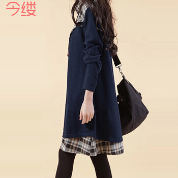 2015秋款女装衬衣领格子拼接卫衣套头大码女装长袖连衣裙9343 蓝色 XXL
