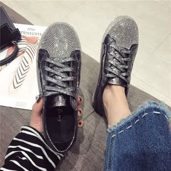 鞋子女韩版学生原宿风ulzzang2018新款水钻板鞋系带平底乐福鞋潮 枪色