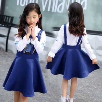 2018春季新品女童时尚绣花背带裙中大儿童学院风背带裙套装春秋深蓝色